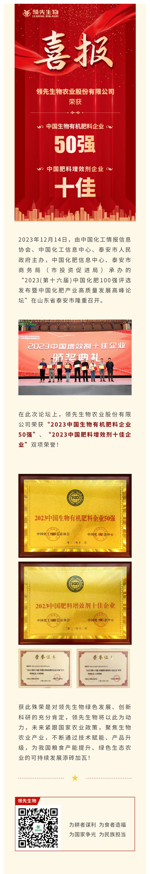 實(shí)力上榜 | 領(lǐng)先生物榮獲2023中國(guó)生物有機(jī)肥料企業(yè)50強(qiáng)！中國(guó)肥料增效劑十佳企業(yè)！